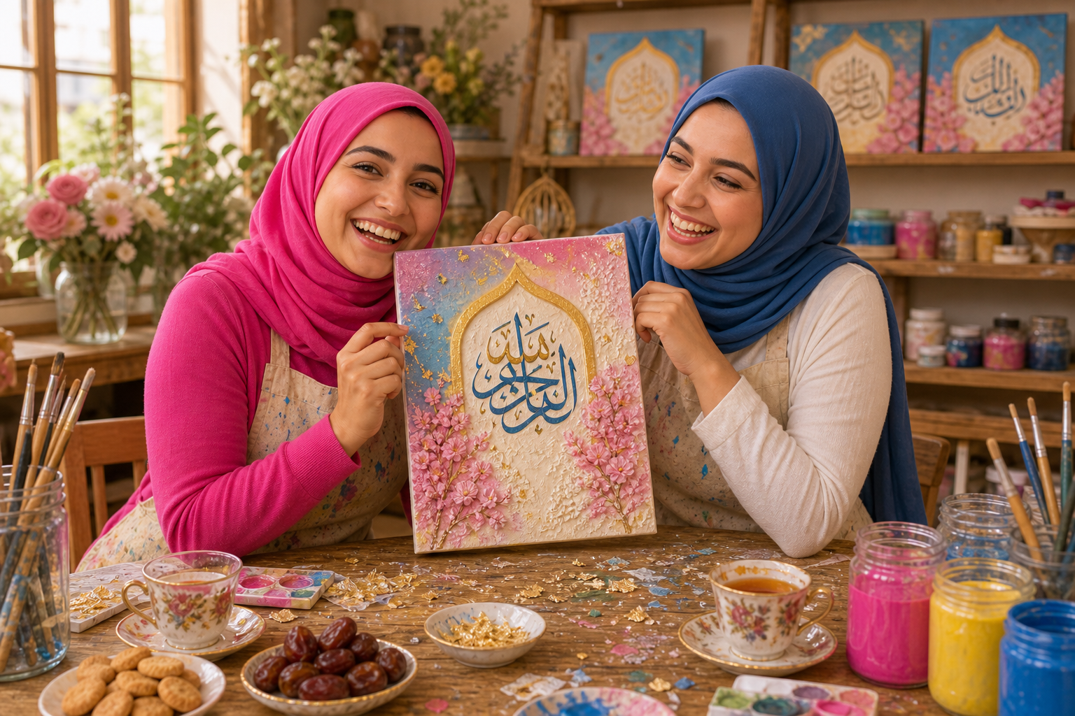 Adults painting a textured canvas featuring a Quranic verse in the studio