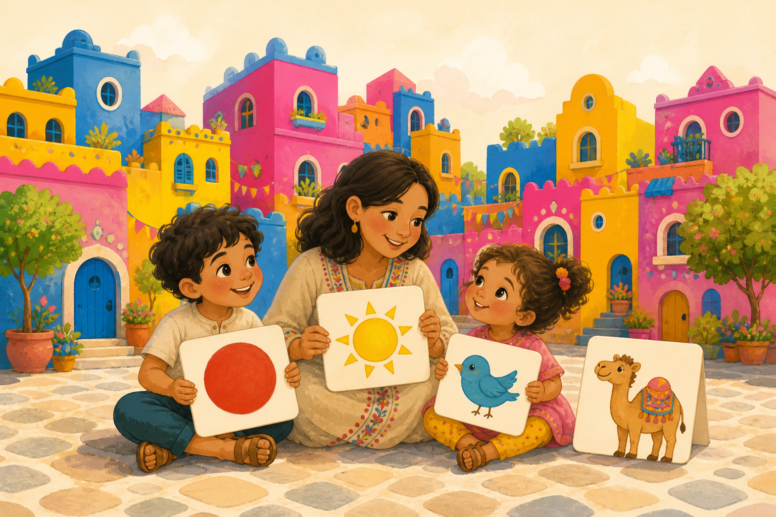 A parent and children holding illustrated story cards in a colorful city