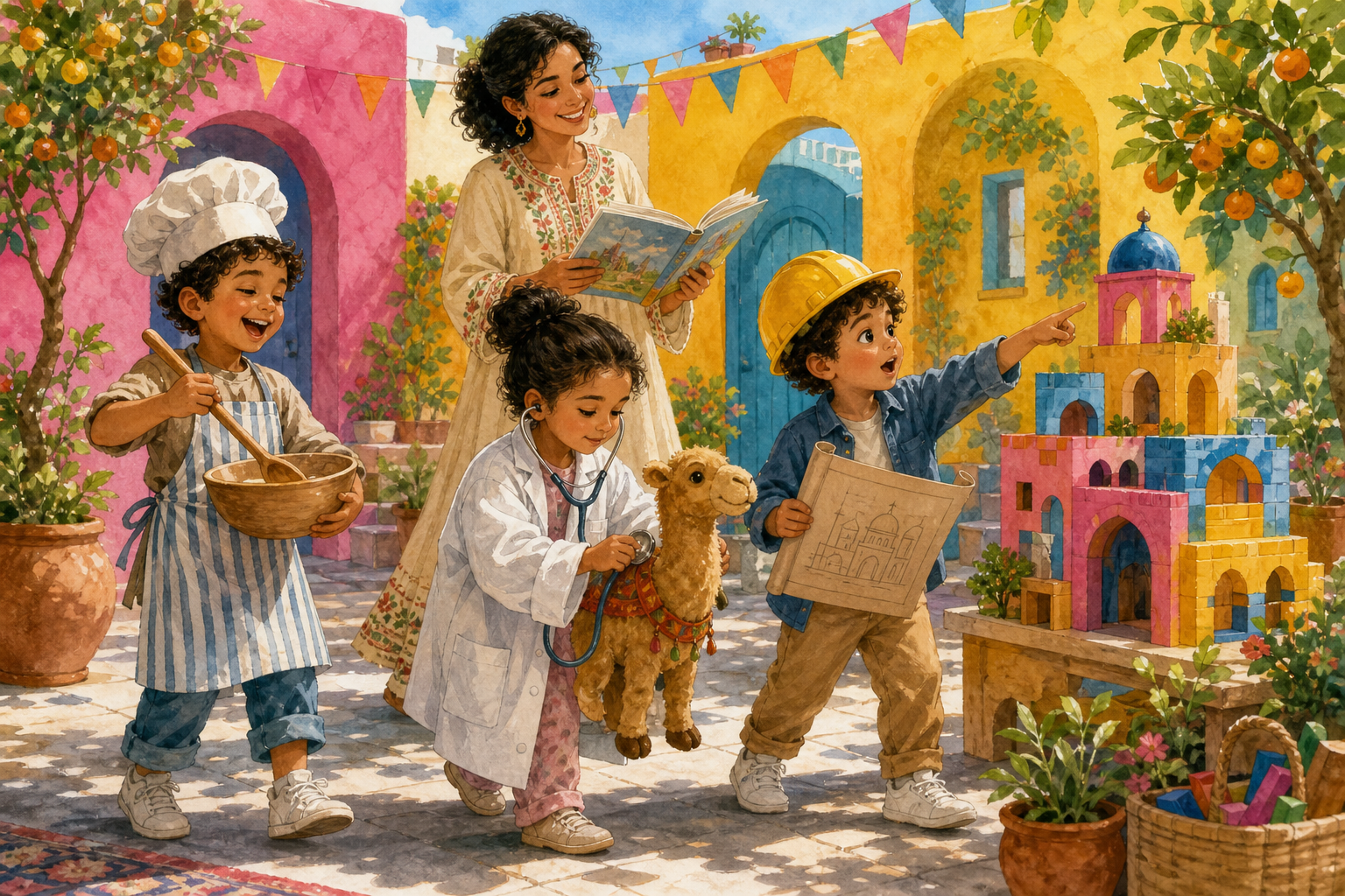 A parent and children holding illustrated profession cards during a story adventure