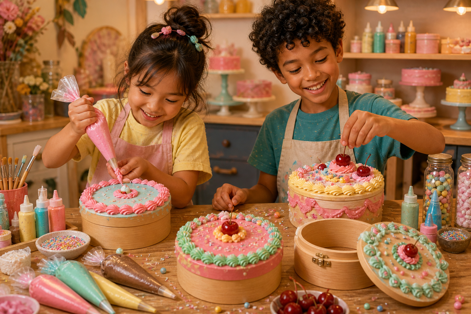 Children decorating wooden cake boxes with faux frosting and sprinkles