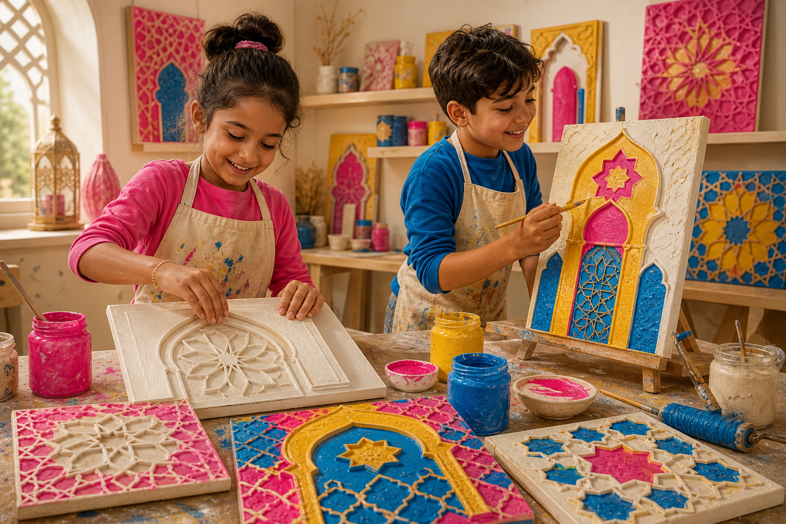 Children creating raised-texture artwork inspired by Islamic architecture