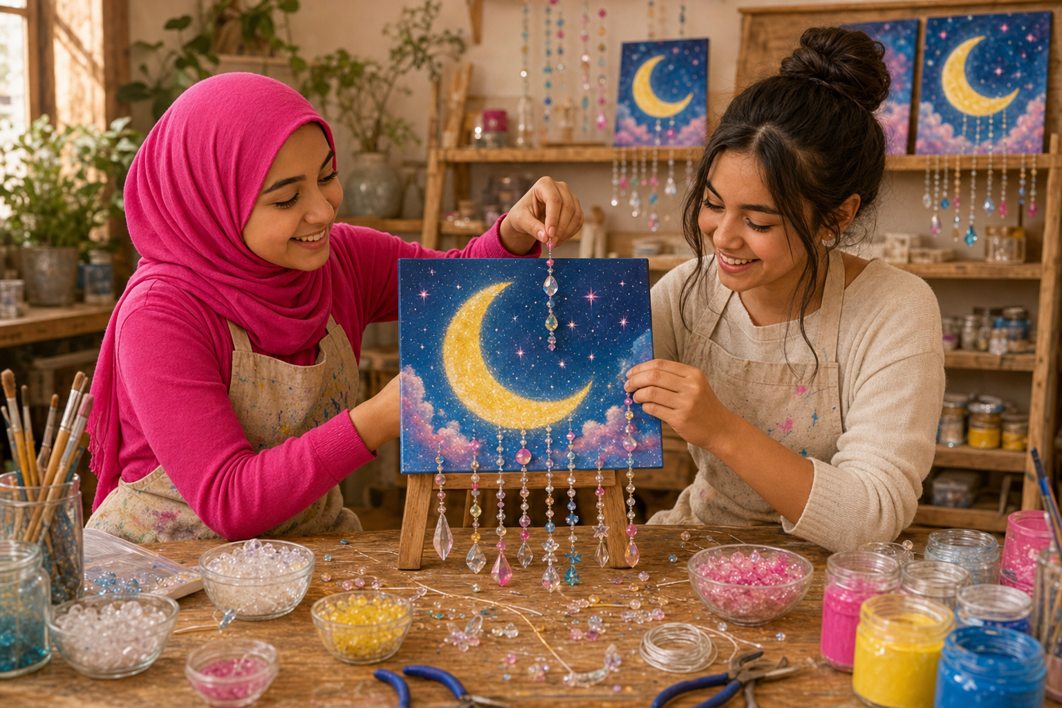 Teens painting a moonlit canvas and hanging crystals and beads in the studio